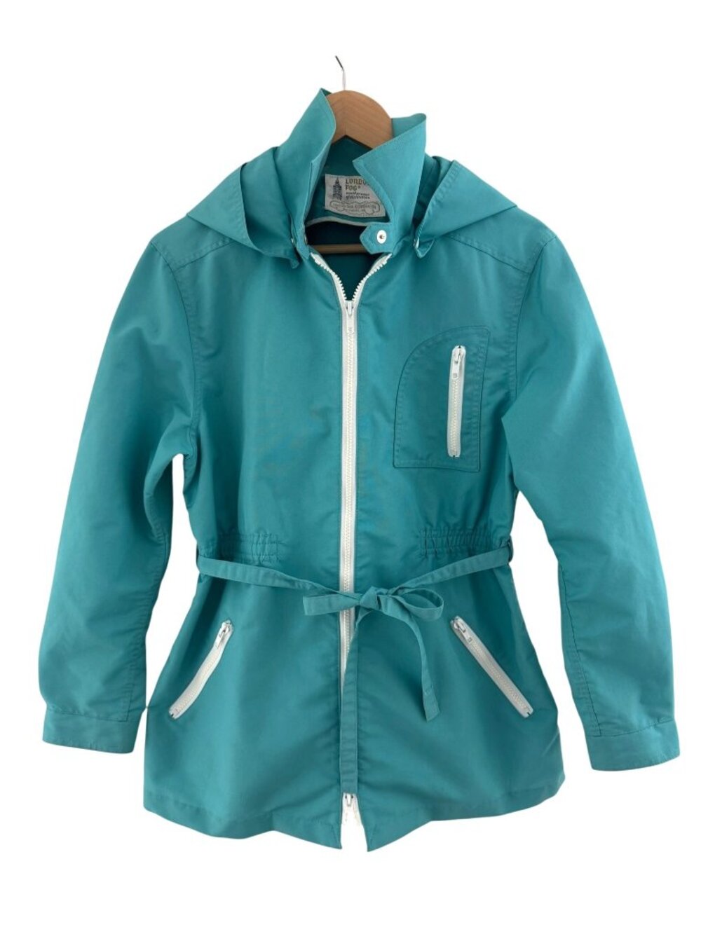 London Fog Vintage 70's Teal Jacket Zip Pockets Detachable Hood Tie Size 13/14 L